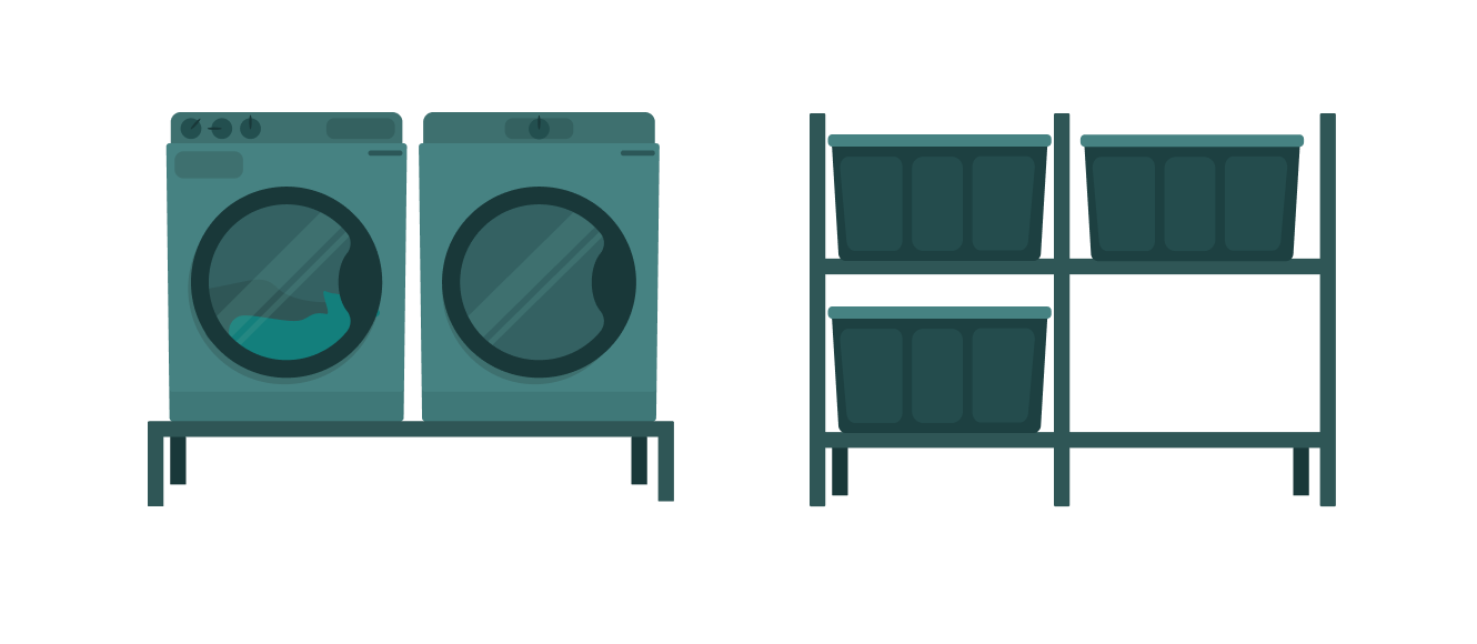 Laveuse, sécheuse et bacs de rangement surélevés pour protéger les biens en cas d’inondation de sous-sol